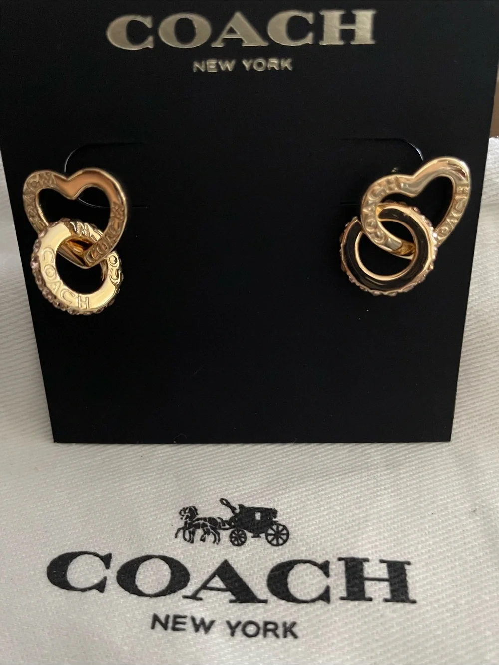 Coach Gold Heart & Interlocking Ring Stud Earrings - Picture 2 of 3
